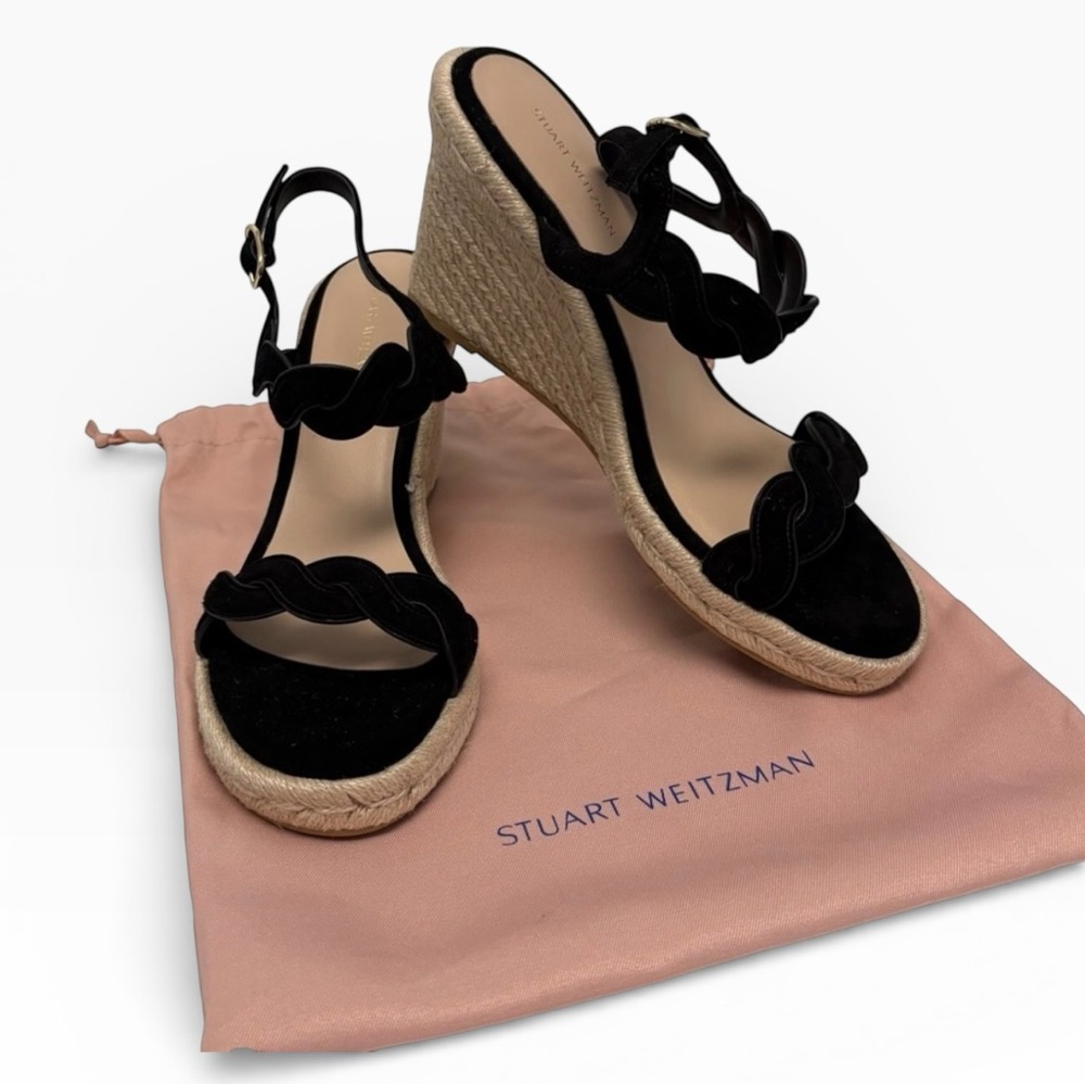 Stuart Weitzman Black Suede Espadrille Wedge Sandals – Size 9 (Fits 9.5) – NEW - Picture 3 of 12
